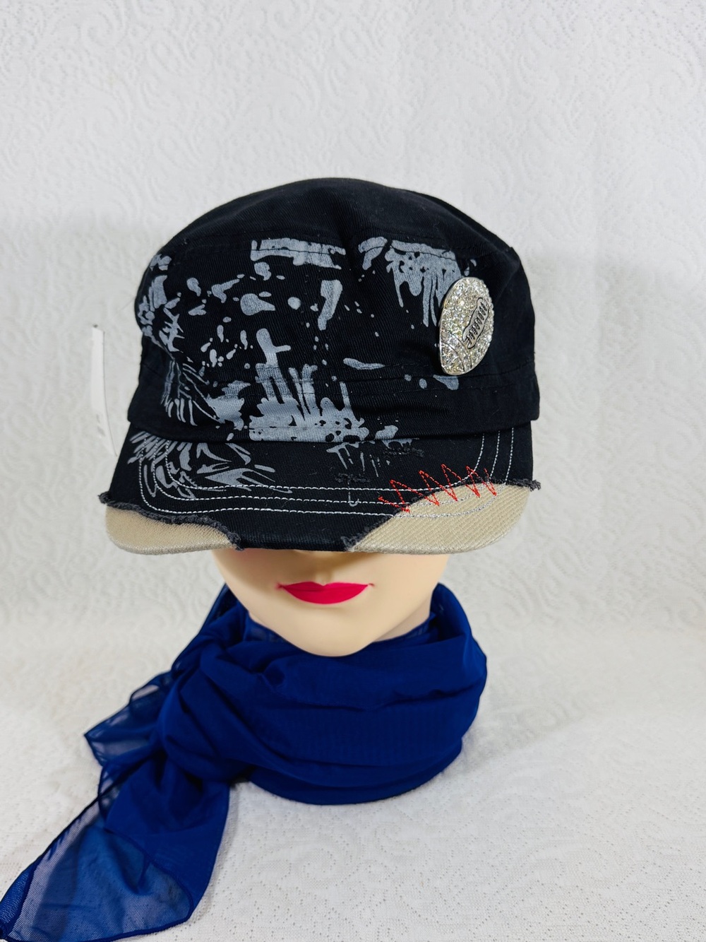 New With Tag Women or Kids Black and Beige Canvas Cadet Cap with Silver Badge